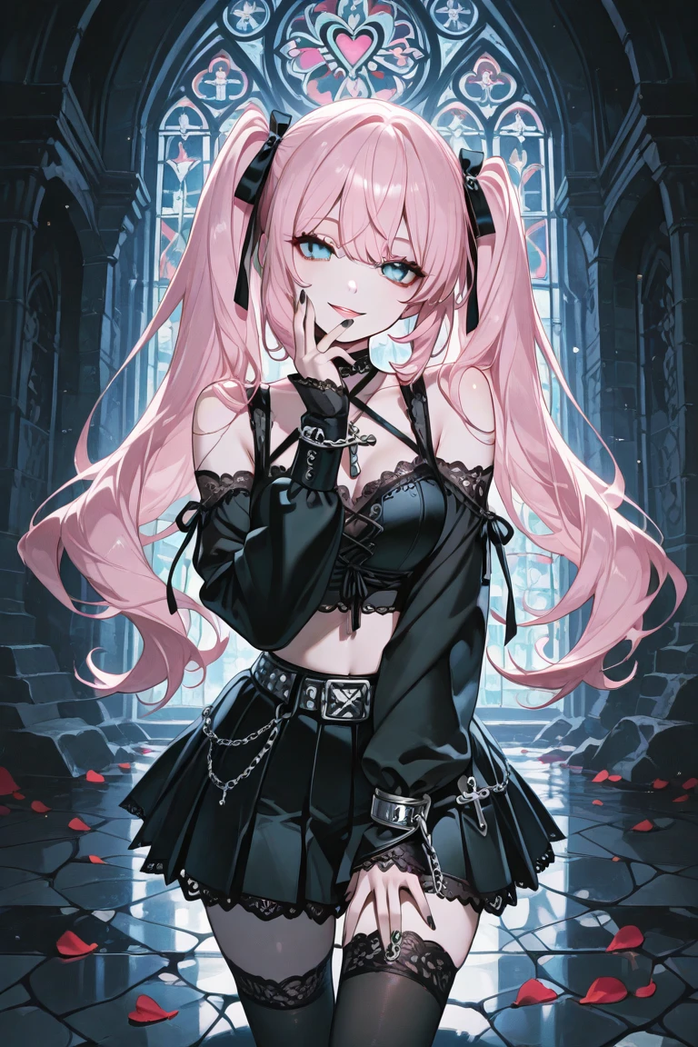(8K, top-quality, masterpiece:1,2), sexy, sexy, hot, sexy,(reallistic, Photorealsitic:1.37), Super Detail, One girl,), (Highly detailed), (beautifully detailed eyes), (of the highest quality), (super detailed ), (masterpiece), (Detailed face),20yr old, ,1 girl, ((pink hair,Very long hair)), medium breasts, clothed, Perfect Lighting,  (black leather jacket:1.2), dark color, slim silhouette, functional and hard details, (see-through blouse:1.2), (black corset:1.2), (black leather skirt:1.2), mini length, body-hugging, slit and chain details, tight silhouette, chain and spike accents, lace and frill decorations, (black fishnet stockings:1.2), (black high heel boots:1.2), slender design, (black leather choker:1.2), studs and chain accessories BREAK bangs on left side, tucked behind right ear, messy, (fearful and regretful expression:1.2), teary eyes, half-open mouth, chin down, neck tilted, hands tied behind back, chest out, waist in, legs closed, right leg slightly visible from skirt slit, body arched back, (dark warehouse:1.2), metal shelves and boxes behind, chains and tools on shelves, dirty concrete floor, (spotlight:1.2) above, white and bright, strong contrast of light and shadow on skin and clothes, background dark and blurry