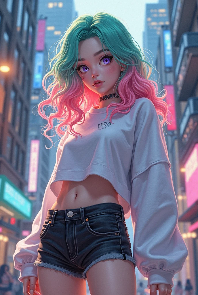 1girl, beautiful girl, brown skin, half body, Body Length 163 cm, 24 years old, brown skin girl, (Long Hair, Rainbow color hair), (Ponytail hairstyle hair), (purple eyes), realistic eyes, beautiful and big eyes), Galaxy clothes, wide clothes, medium breasts, (8k wallpaper), (Seoul streets wallpaper) 8k, high quilty, realistic, beautiful realistic, Cool details, raw photo, realistic clothing, short hair, Rainbow color hair, realistic hair, Light and cool lighting, photo realistic, Cel shaded, Gel lighting, ultra details