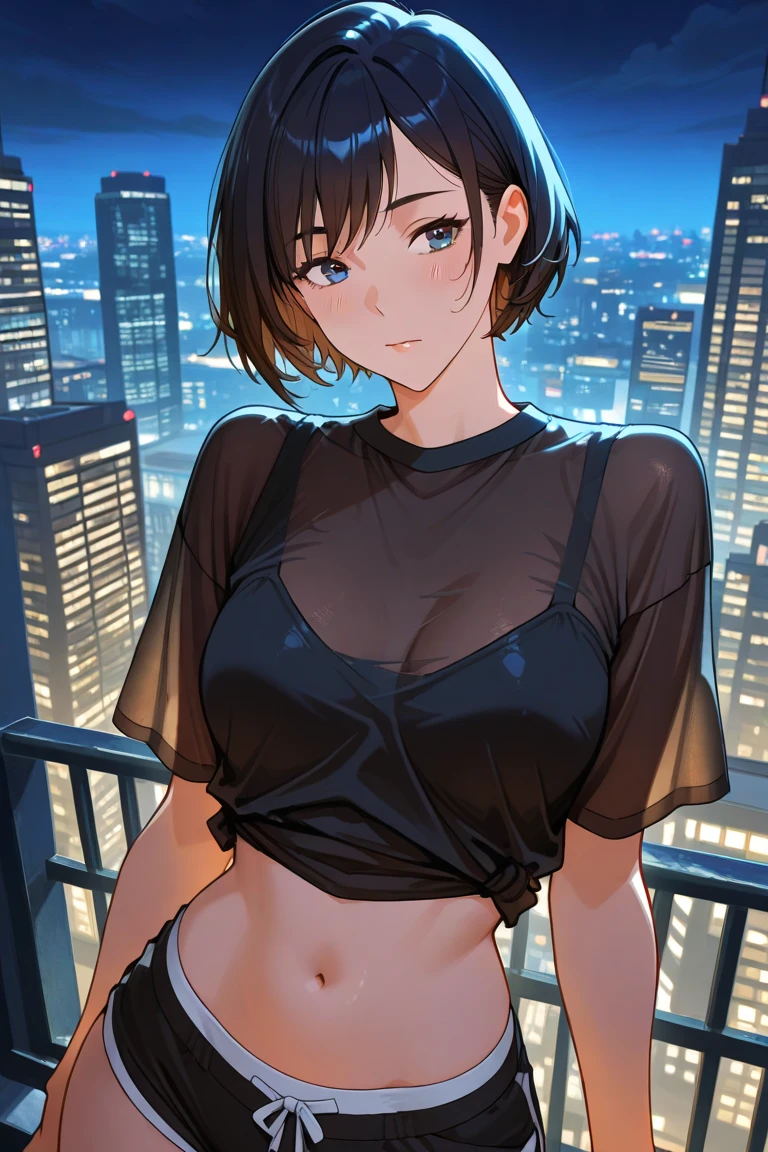 Scenery in the city、Many skyscrapers、(masterpiece:1.4)、(highest quality:1.4)、ultra high resolution、beautiful features、20 year old woman、Black hair bun hair、Beige hoodie、black pants、(huge breasts:1.1)、red face、smile、arms behind body、night