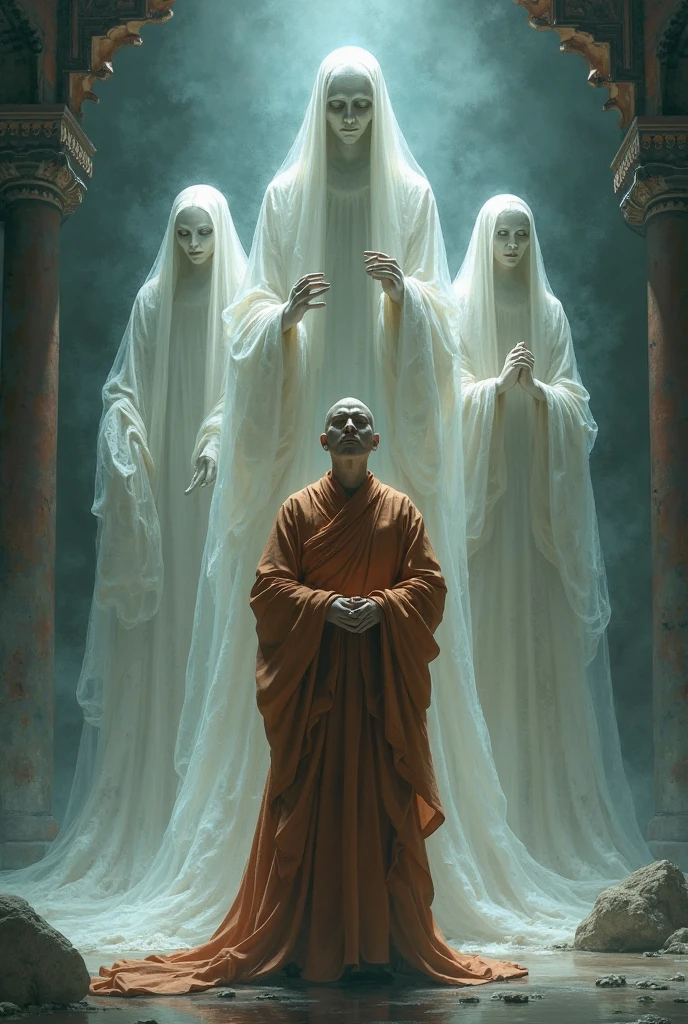 ghost on his knees praying of Buddhist monk,hands folded in a gesture of supplication, many ghosts monks on background, without faces, shadows, night, jungle, smoke, fog, opened mouth, graphic style of novel comics, 2d, 8k, hyperrealism, masterpiece, high resolution, best quality, ultra-detailed, super realistic, Hyperrealistic art, high-quality, ultra high res, highest detailed, lot of details, Extremely high-resolution details, incredibly lifelike, colourful, soft cinematic light,