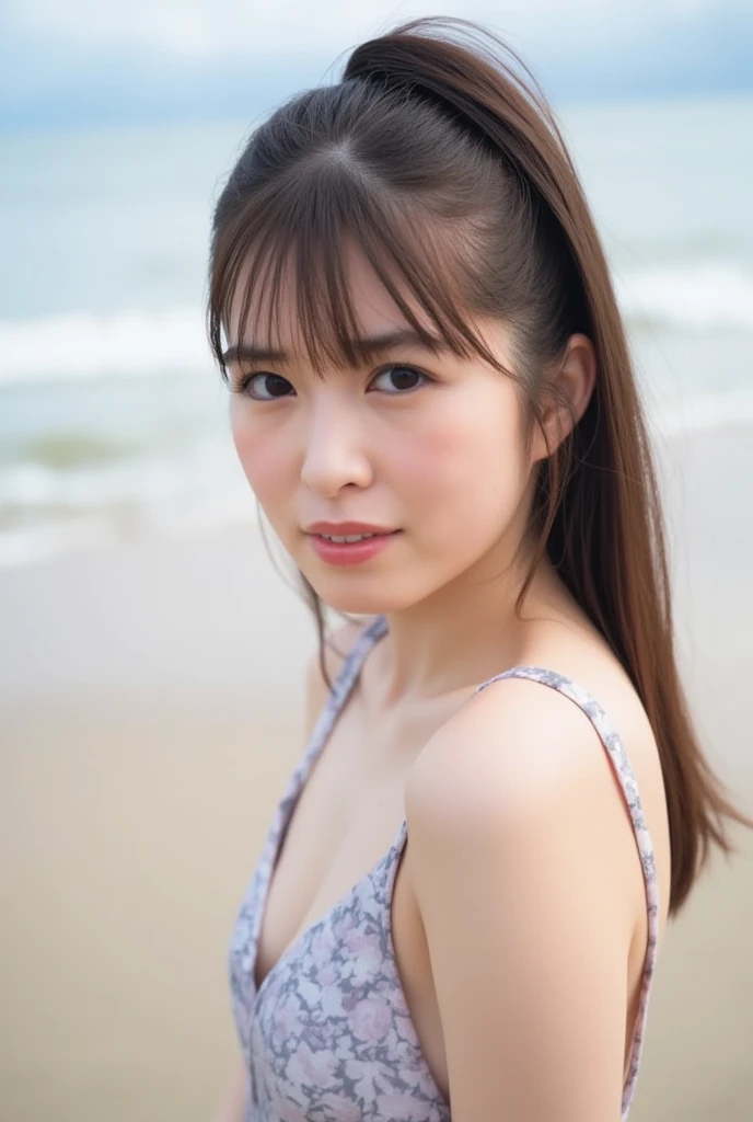1 girl、(Close-up of face from below:1.4) 、(forward leaning posture:1.2)、Pixie Cut、Beautiful face exposed、Watching the audience、Smiling、Plain blue bikini、非常にDetailed eyesと顔, Detailed nose, Detailed eyes, Shiny skin, masterpiece, Ultra-high resolution, 8k, RAW Photo, highest quality, Detailed Shadows, wonderful, Fine details, (Bokeh: 0.5), Beautiful lighting on the face, blue sky