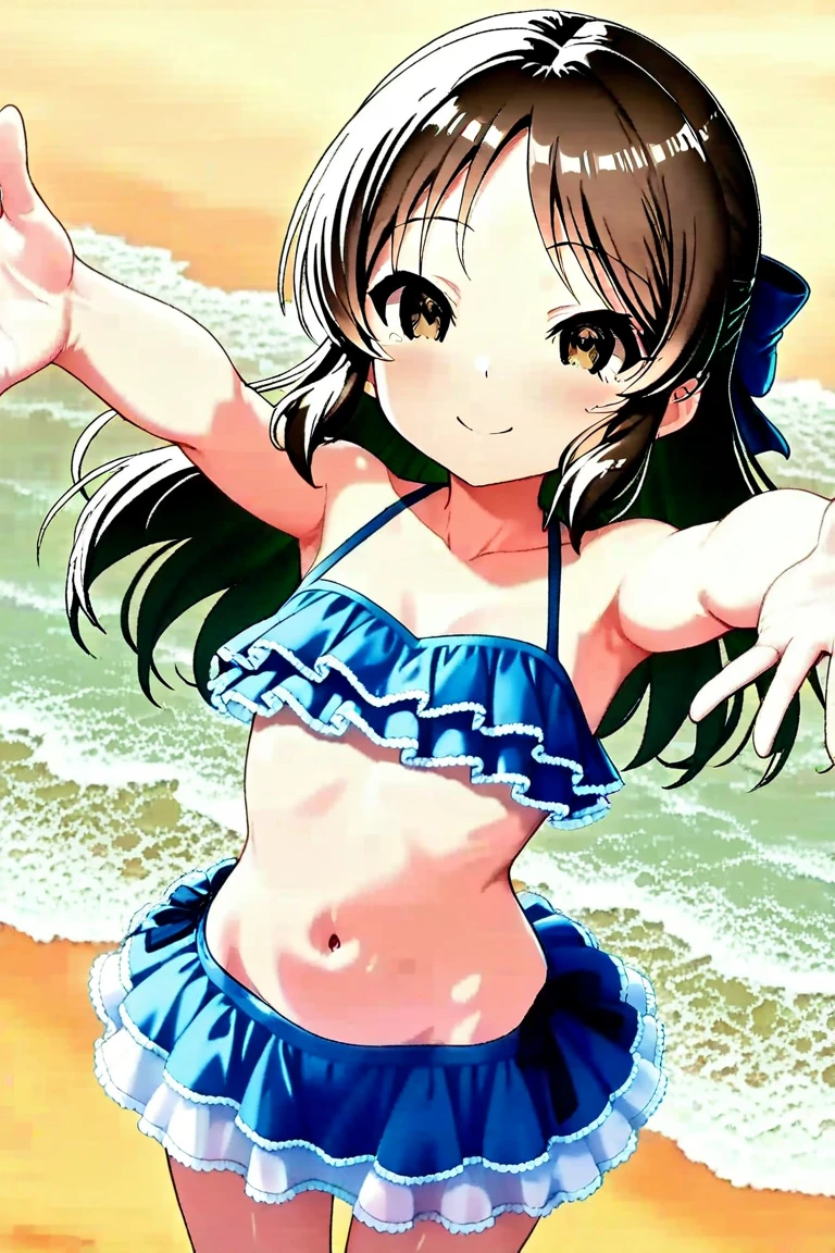 pixel perfect, Perfect in every detail, alone, 1 girl, Saten Ruiko, medium breasts,pink swimsuit, bikini,Frills,beach,smile,stylish pose,stylish angle,looking at the viewer,in the center of the image,