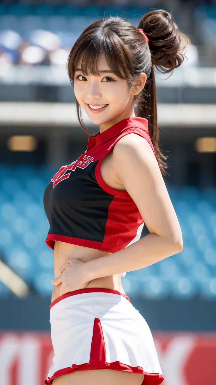 masterpiece, elegant. Ultra-fine details, masterpieces, realistic textures, realistic cinematic lighting, perfect work, 8k, HD, delicate facial features, (upper body), (large breasts:1.2), smile, (Japanese idol:1.3), Professional lighting,
((cheerleader)), thigh,