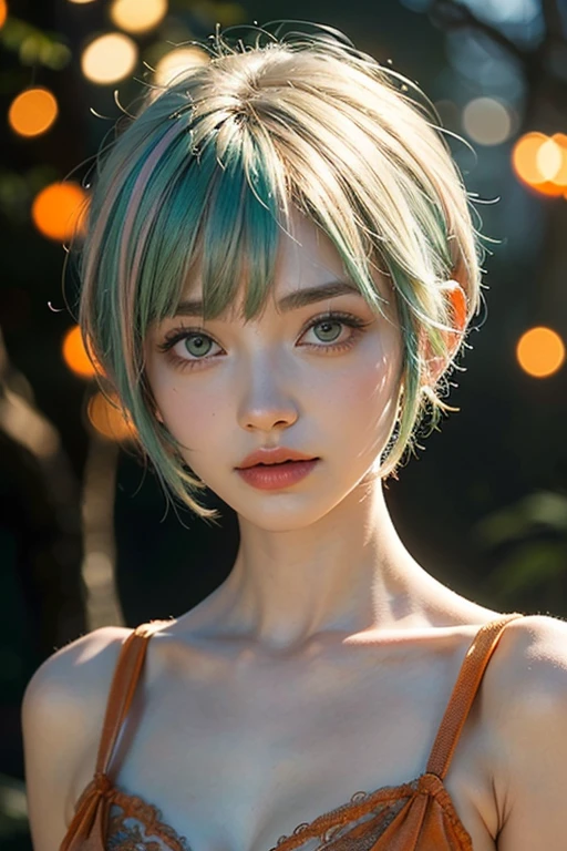(best quality, 16K, masterpiece :1.3), pretty Woman, 1 girl, (Large Breasts, Beautiful clavicle, Attractive figure :1.2), short hair, Wavy ends, Silver hair gradient light blue hair, messy hair, side chain, (wet from rain, get wet by rain, wet :1.2), Sky blue gradient lake green eyes, Look up, students shine, Students reflect on their surroundings, super detailed face, delicate lips, exquisite eyes, double eyelids, long upper eyelashes,