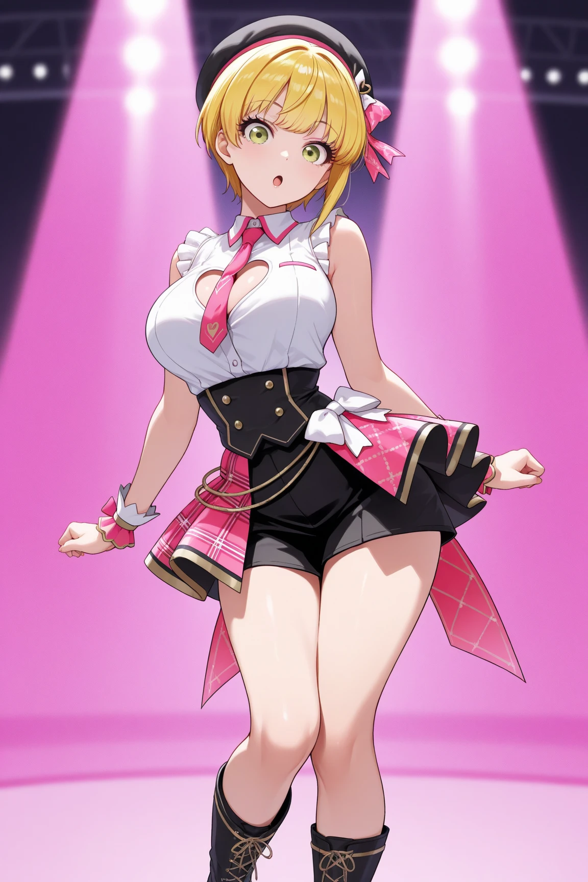 1 female,((Magical Girl 1.5)), slender body, boyish,clavicle, (orange hair), ((mullet hairstyle, extra short)), ribbon, Haigre Pose, empty eyes, Eyes glowing purple, absurd, big breasts, 全身figure, (highest quality、4k、8k、High resolution、must have:1.2)、Super detailed、(reality、realisticです、realistic:1.37)、ticker、hyper hd、studio lighting、ultra definition paint、sharp focus、Physically based rendering、extreme details、Professional specifications、vibrancy and color、blurry、sports portrait、landscape、horror style、anime big breasts、SF、photograph、concept artist、five fingers, perfect body, {{{masterpiece}}}, {{{highest quality}}}, {{super detailed}}, {figure}, {{very delicate and beautiful}},Promoting cost performance、all roles、Canon 5D MK4でphotograph、sprinkle、photograph,