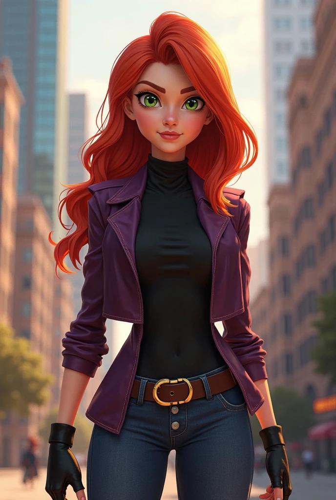 masterpiece, best quality, highres, mlpshimmer, leather jacket, skirt, multicolored hair, red hair, blonde hair, medium breasts, <lora:mlp_sunsetshimmer:0.8>, looking at viewer, light smile, city street, bustling traffic, towering buildings, pedestrian-filled, <lora:add_detail:0.5>