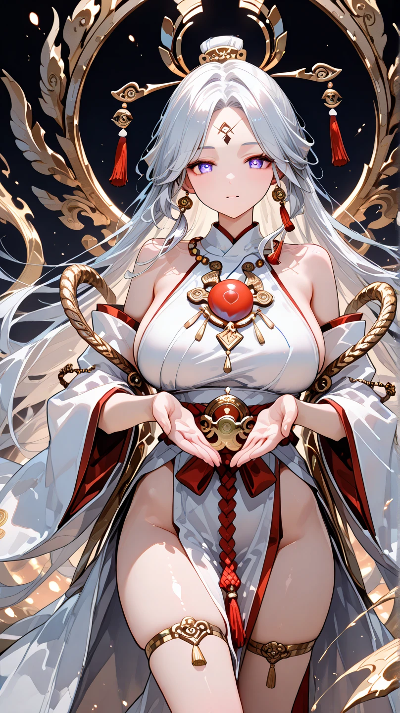 masutepiece, Best Quality,Unity 8k壁纸, ultra-detailliert, Beautiful and aesthetic, Beautiful, Official art, Amaterasu Priestess, SanDisk, Solar Flare Spell, Blessing of the Sun Goddess, divine intervention,Colossal tits、full body Esbian、A bell hangs on his chest　　huge udder　High exposure　Black costume　Black Impulse