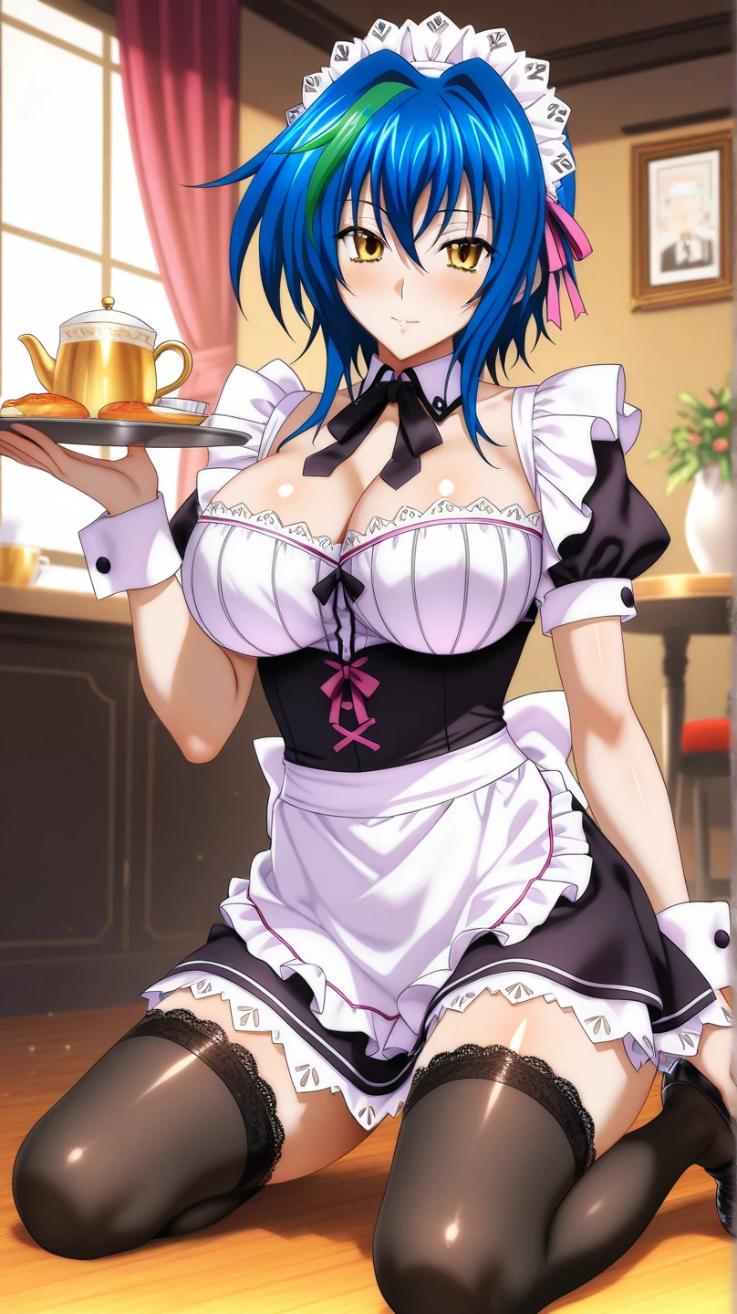 masterpiece, best quality, very aesthetic, absurdres, 1girl, xenovia quarta, high school dxd, looking at viewer, upper body, blue hair, yellow eyes, eyebrows, breasts, cleavage, alternate costume, maid, headdress, apron, detached collar, smile, cafe