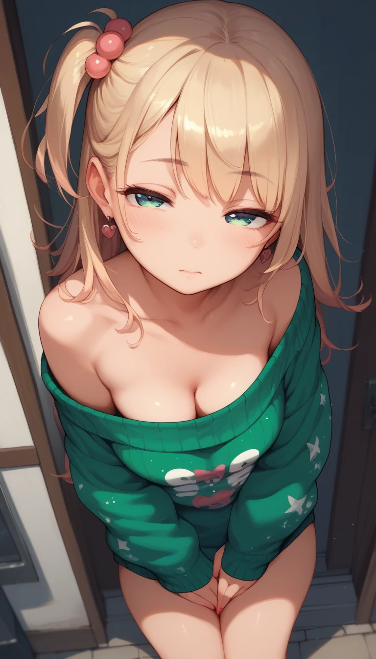 (masutepiece:1.5)、(top-quality:1.5)、(16k wallpaper:1.2)、(Photorealsitic:1.2)、(ultra-detailliert:1.2)、(超A high resolution:1.2)、(ultra-detailedでリアルな肌:1.2)、(Sitting on a hotel bed:1.2)、(A woman holding a bag of condoms in her mouth:1.5)、18 year old beautiful woman、Very detailed and beautiful sharp eyes、Powerful and beautiful eyeshadow、(Dark green turtleneck sleeveless vertical sweater:1.4)、(Slender woman with body shape:1.2)、Natural Color Lip、(long blonde hair covering one eye)、Black panties、(Shy smile)、(Kamimei:1.2)、Constricted waist、Seen from above