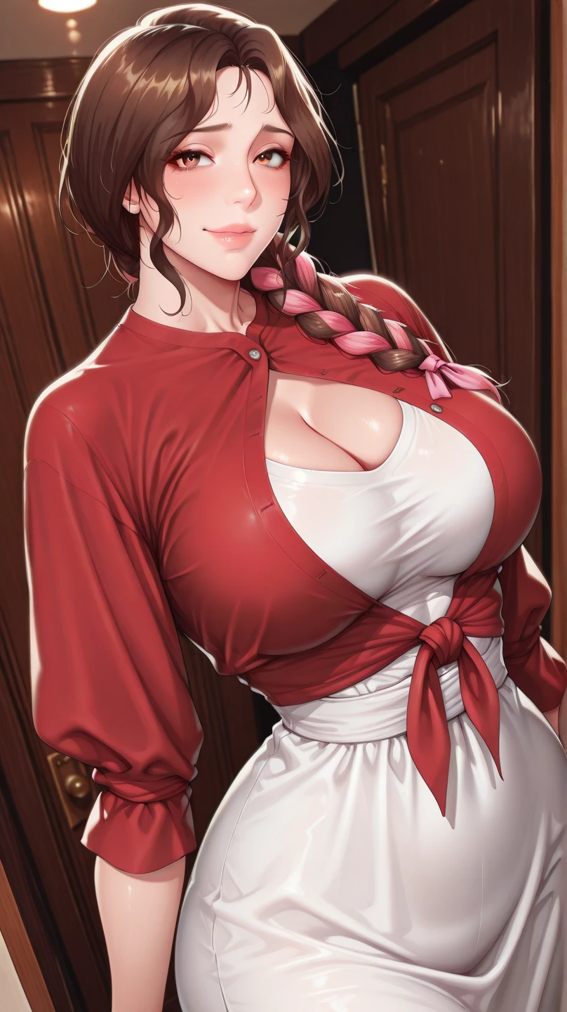 18-year-old girl,,light brown hair,side braid,Smile,Huge breasts,cleavage,Sheer red sleeveless top,中間留空露出cleavage,Soaked all over,Blushing,green eyes,Female spy,red miniskirt,White gloves,White hand sleeves,White boots,Science fiction,Future,Inside the mecha combat robot warehouse,robot driver,Pistol hanging on waist,No bangs,Wearing earrings only on one side