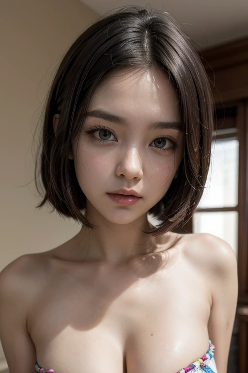 Ae june, realistic, age 28, pure white skin, brown eyes, brown bob hair, perfect face, perfect shape body, extra large stif breasts, 3d