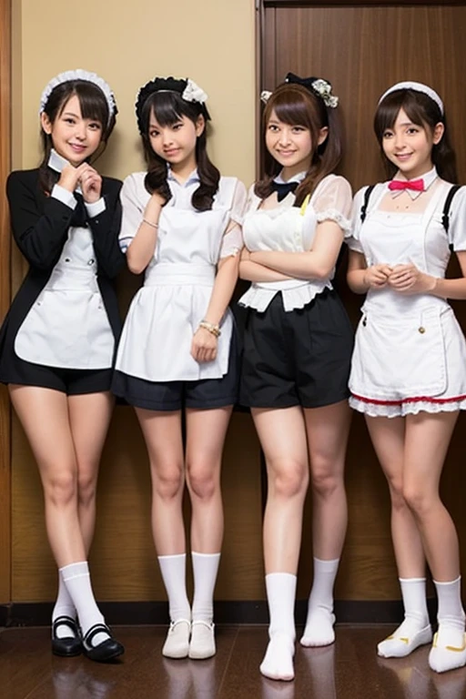 Close-up of a group of girls posing for a photo, maid outfit