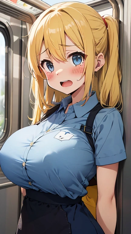 (((Skin exposed from disheveled uniform)))、(((((Sexual Services)))))、Nipples protruding from the bra、panties on、((((feel shy))))、((a blond))、beautiful Girl、Large beautiful breasts、cleavage of the breast、A slender、オマンコ、(((((Seduction while being shy)))))、(((s Office)))