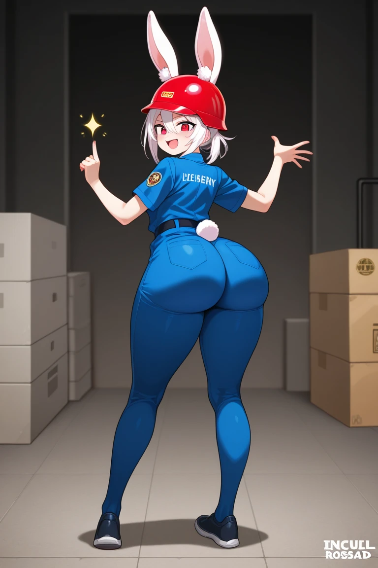 full body standing straight symmetrical, huge boob(masterpiece, best quality:1.2), cowboy shot, solo, 1MILF, mmplatz, smile, looking at viewer, hands on hips, twintails, twin drills, dress, blue pantyhose, striped pantyhose, Handcuffs on their hands, With a collar around the neck
