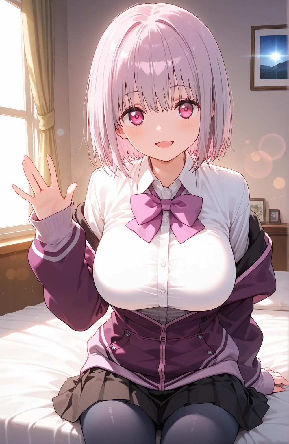 Highest quality,Very cute face,NSFW,(Huge breasts:1.5),sidefellatio,from side,Blowjob,Open your mouth wide,Drooling,Watery eye,(Big penis,Male lower body:1.4),(Upper Body),shinjou akane, light purple hair, (pink eyes:1.2), short hair,bow, collared shirt, hood, hooded jacket, jacket, open clothes, open jacket, open shirt, purple bow, purple jacket, , shirt, sleeves past wrists, unbuttoned shirt, white shirt,
