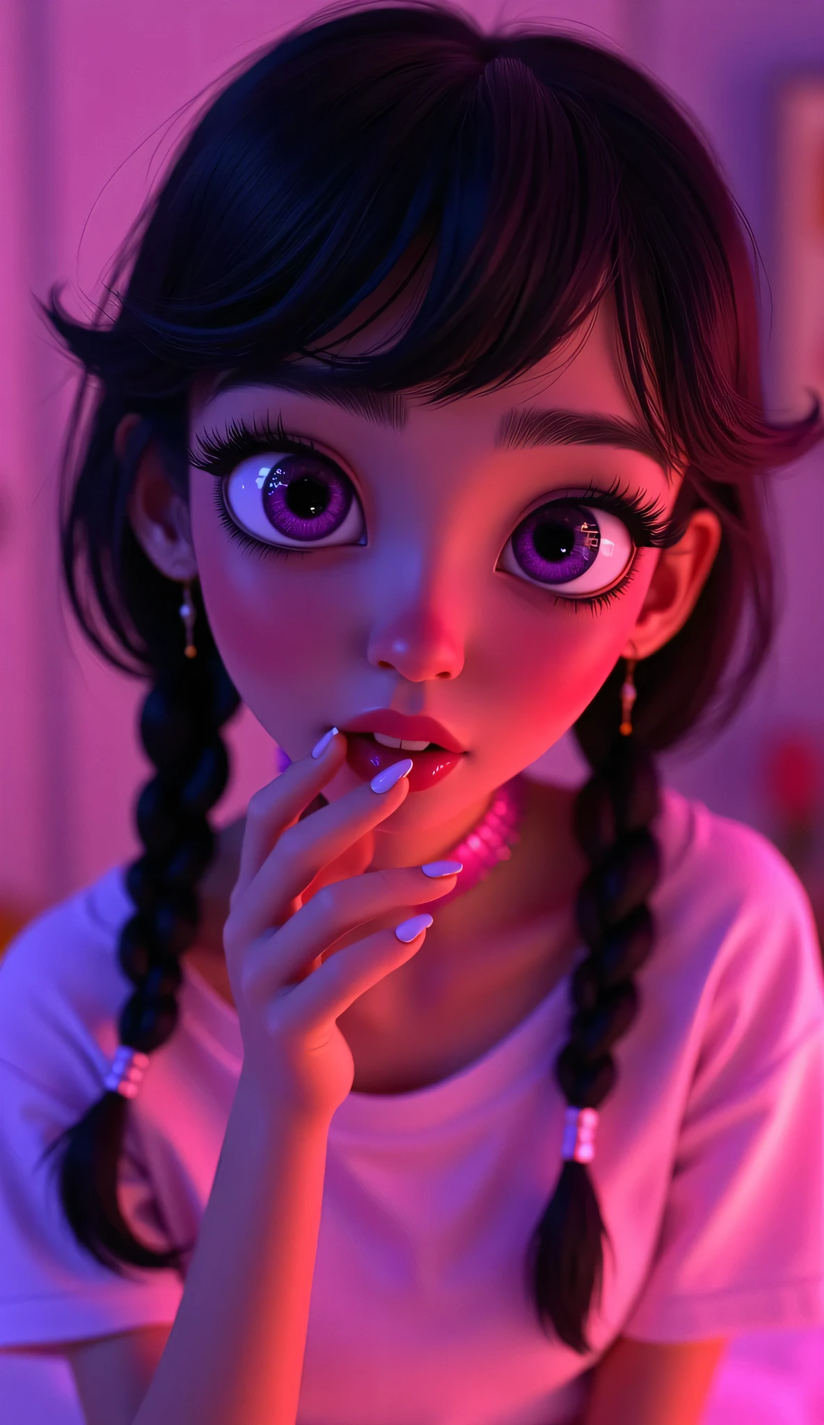 3D animated digital image of a girl sucking her own thumb, pink nails. Pixar styled artist, 22 year old violet parr, big bright purple eyes with bits of yellow sprinkled in, perfect circled irises, high detailed eyes, view is from her hips up above her head, facing her head on, focused on face, she looks at POV in seducing way while sucking her thumb. She has a bright white, soft crew neck t-shirt, short crop top, tight fitting, no bra, tiny breasts, you can see her nipple definition, hard nipples poking under shirt, defined abs. She faces viewer, looks directly at viewer. Focus on her face, eyes, and mouth. Wearing tight Shiny pink leather choker. her black hair is done in tight double french braids. She is sucking her own thumb in a seductive sexy way. High detailed mouth, tongue and teeth. Ultra.detailed eyes and full lush lips, high detail. Perfect, realistic seeming mouth. Hard neon lighting. Background is a cute windowless bedroom. 4k resolution. High quality image. Like an upscale fashion shoot image in quality.