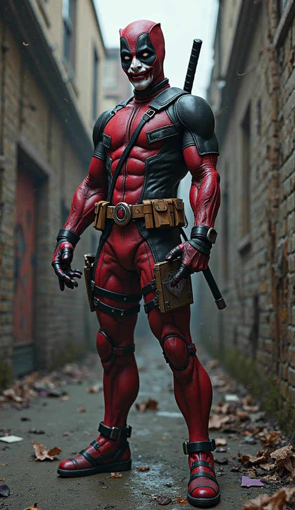 Make the original Deadpool from Marvel Comics with a pose and a superiority angle while his clothes are completely smeared and dirty with blood along with the Venom symbiote from Marvel Comics on his body