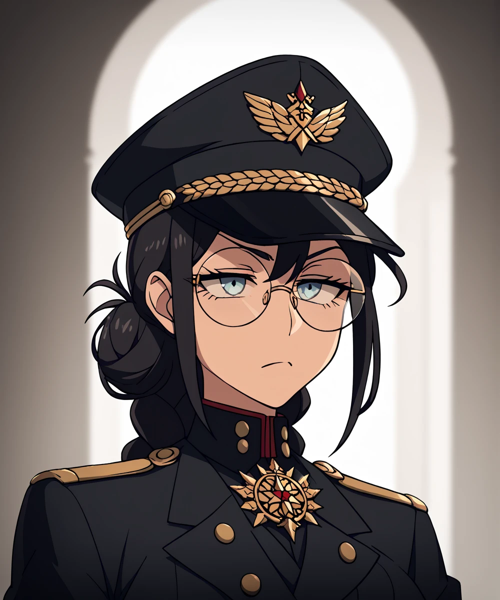 score_9,score_8_up,score_7_up,artbook,game cg,1girl,solo,cowboy shot,((IJA Showa, IJA officer, light green uniform, golden sling:1.4,general staff:1.4, )),large breasts,breasts,black hair,single braid,round eyewear,glasses,clenched teeth,serious,angry,<lora:Koume_Keito_PonyXL_dim32:0.8:lbw=0.8,0,0,0,0,0,0.8,0.8,0.8,0.8,0.8,0.75>,<lora:IJAuniformXLv1:1>,