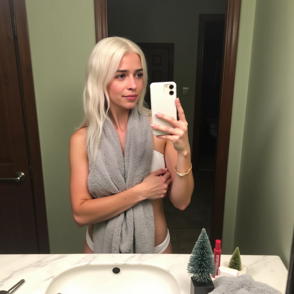 uma mulher tirando uma selfie em um espelho de banheiro, bladee from drain gang, Xale de cabelo comprido, by Oswaldo Viteri, corpo musculoso sexy, Streamer do Twitch / Jogador Ludwig, foto hiperdetalhada, longo comprimento liso cabelo branco, segurando uma espada longa | divino, usando uma toalha, Yutja, foto colorida antiga, alto e magro, ele oum