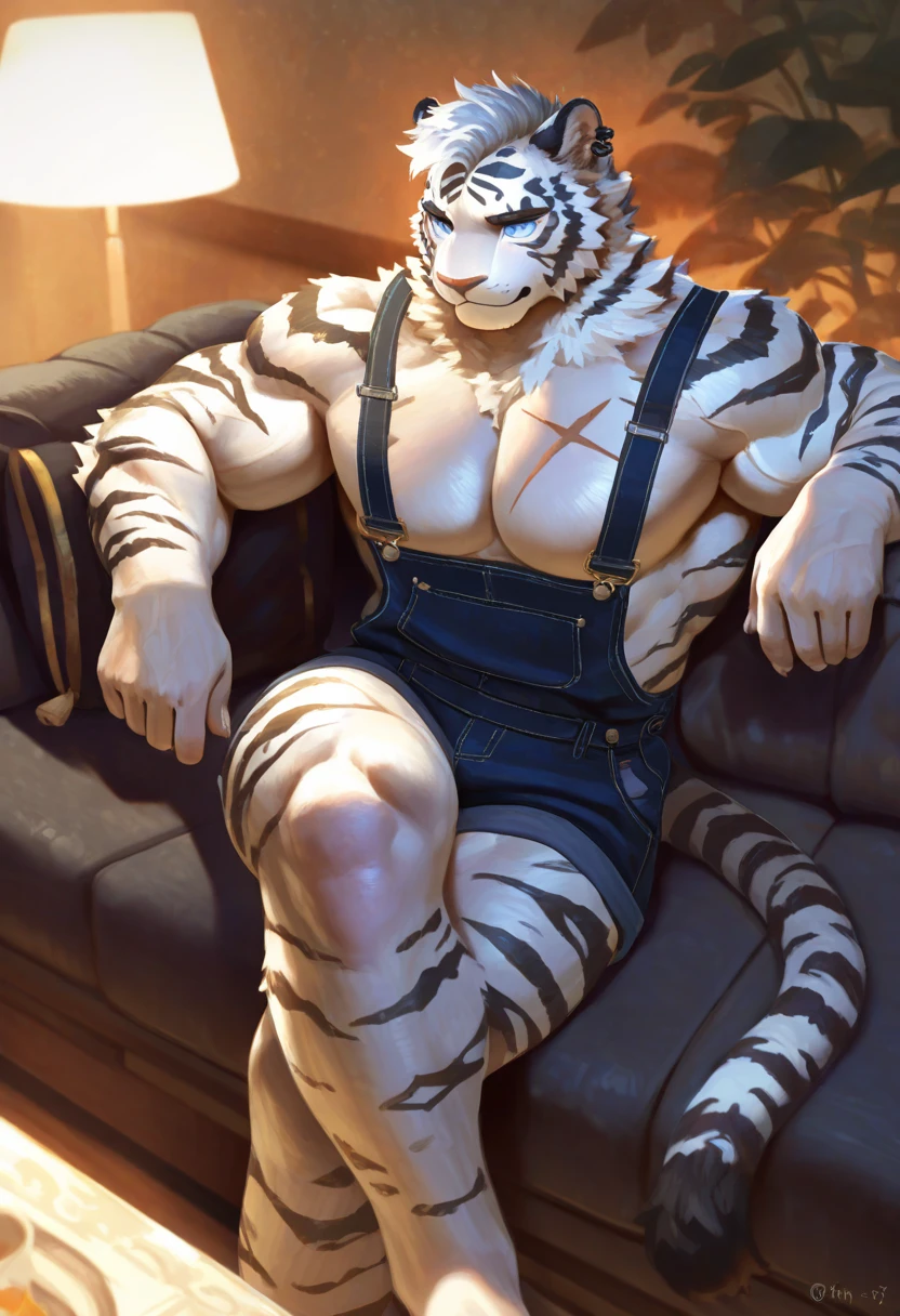bara handsome white tiger furry leaning on wall wearing only tight boxer briefs, tall, massive pecs, broad shoulders, sultry gaze, purple eyes, smirking at camera seductively, sultry teasing gaze, one hand on his thigh near his bulge, running his hand through his hair, long legs, looking at viewer, slight side view, huge bulge, side view, bedroom, sunlight casting over,Bara, Furry, dynamic shading, nsfw