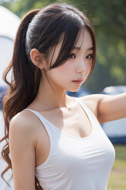 ((highest quality, 8k, masterpiece :1.3)), One girl, Beautiful woman with slim abdominal muscles :1.3, (Random Hairstyles :1.2), Oversized tank top :1.2, Highly detailed face, Fine grain, double eyelid, Underarm