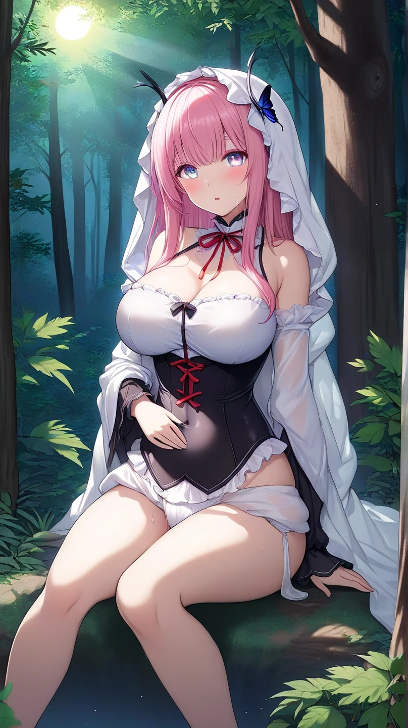 anime character with a sword and a white dress with a red and black writing, pink hair, red eyes, nun veil, huge breasts, See through lingerie, open crotch lingerie, sexy lingerie, bed room