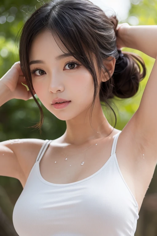 (masterpiece:1.2), highest quality, high resolution, realistic, (One Japanese girl is standing, The girl is a cute tennis player and 12-year-old, (Not wearing a bra, small breasts, The shape of the nipples can be seen through the clothing), upper body, Baby Face, Small breasts, slender ,Young appearance, (((sweaty armpits))) , Armpit depression, Oiled shiny armpits:1.15 , Shiny armpits:1.15