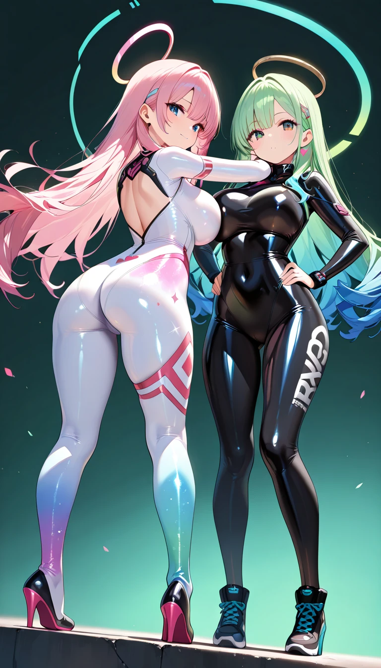 Two female twins holding hands, big breasts,athlete body,ultra detalhada...super tight clothes, legging pants long sleeve t-shirt,ultra detalhada...