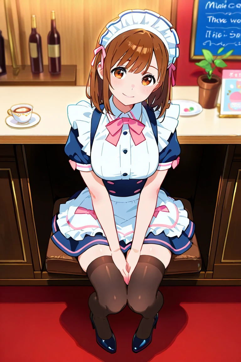 1 girl playing with a cat、brown hair、Maid cafe employee、Maid cafe interior、Serve customers、Maid Outfit、knee-high stockings、Miniskirt、、、gentle smile、、、high heels、masterpiece、Highest Quality、