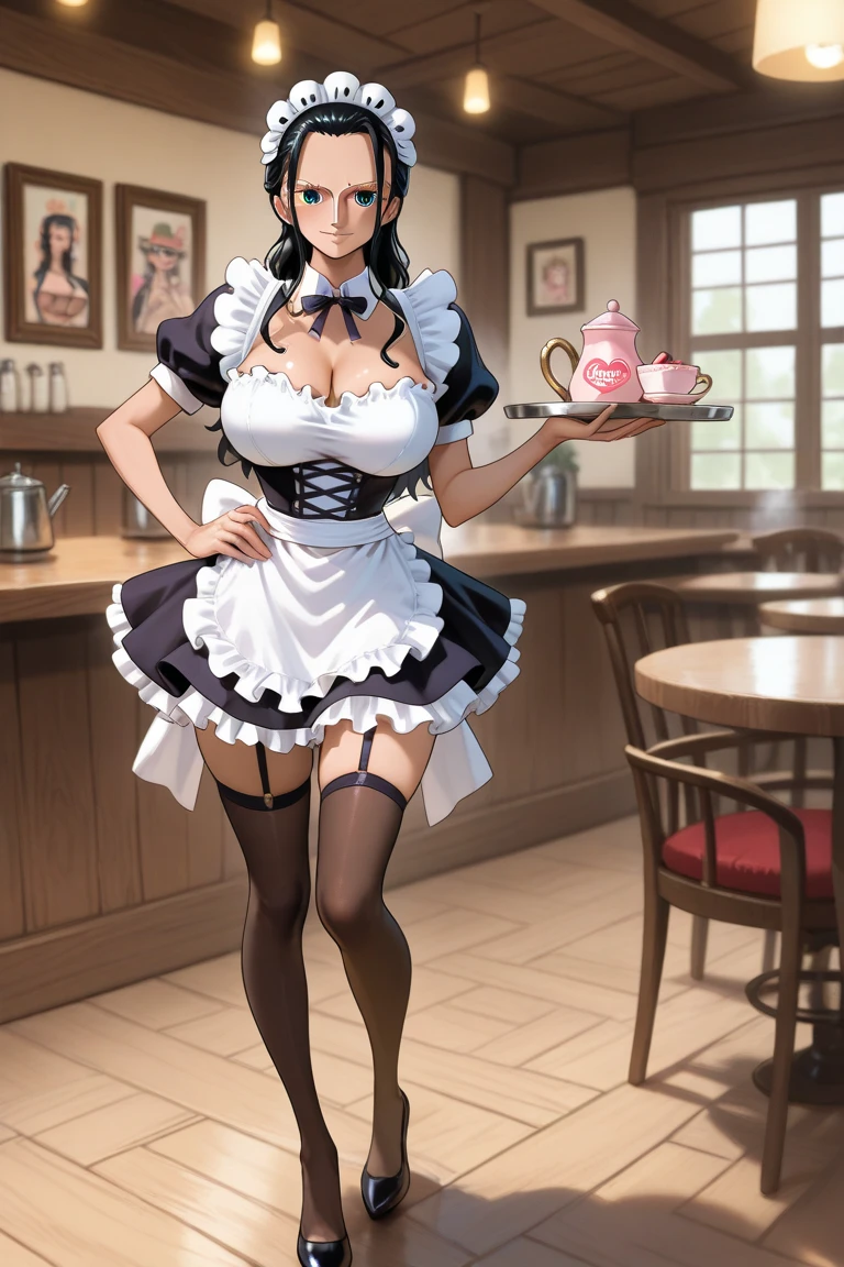 (Mejor calidad, detalles exquisitos, obra maestra absoluta), (Imagen de pies a cabeza)), ((imagen de cuerpo completo)), (femboy con curvas con gran culo redondo, lleva un traje de mucama muy corto)