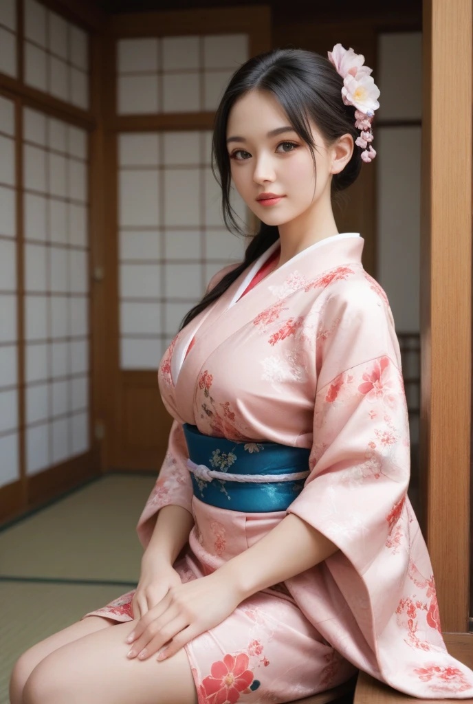 Masterpiece, Best quality, (((Realistic, Photorealistic:1.37)))), (1 person)), 8k, Very delicate and beautiful, Wonderful, Official art with attention to detail, Ridiculous, Incredibly ridiculous, Huge file size, Ultra detailed, Very detailed, (pretty girl), (Detailed girl), Very detailed eyes and face, Beautiful detailed eyes, Light makeup, (1 girl), (perfect female figure), (big), slim waist, (big ass), (Japan beauty), ((full body)), with bangs, feminine look, gentle smile, (furisode), (Japan kimono), (20years old), Japan garden,