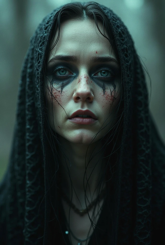 lords of the rings, horror, open mouth, ((metal collar)), ((innocent)), chained, dark makeup, (h.r. giger), old black witch, natural skin texture, 24mm, 4k textures, soft cinematic light, adobe lightroom, photolab, hdr, intricate, elegant, highly detailed, sharp focus, ((((cinematic look)))), soothing tones, insane details, intricate details, hyperdetailed, low contrast, soft cinematic light, dim colors, exposure blend, hdr,