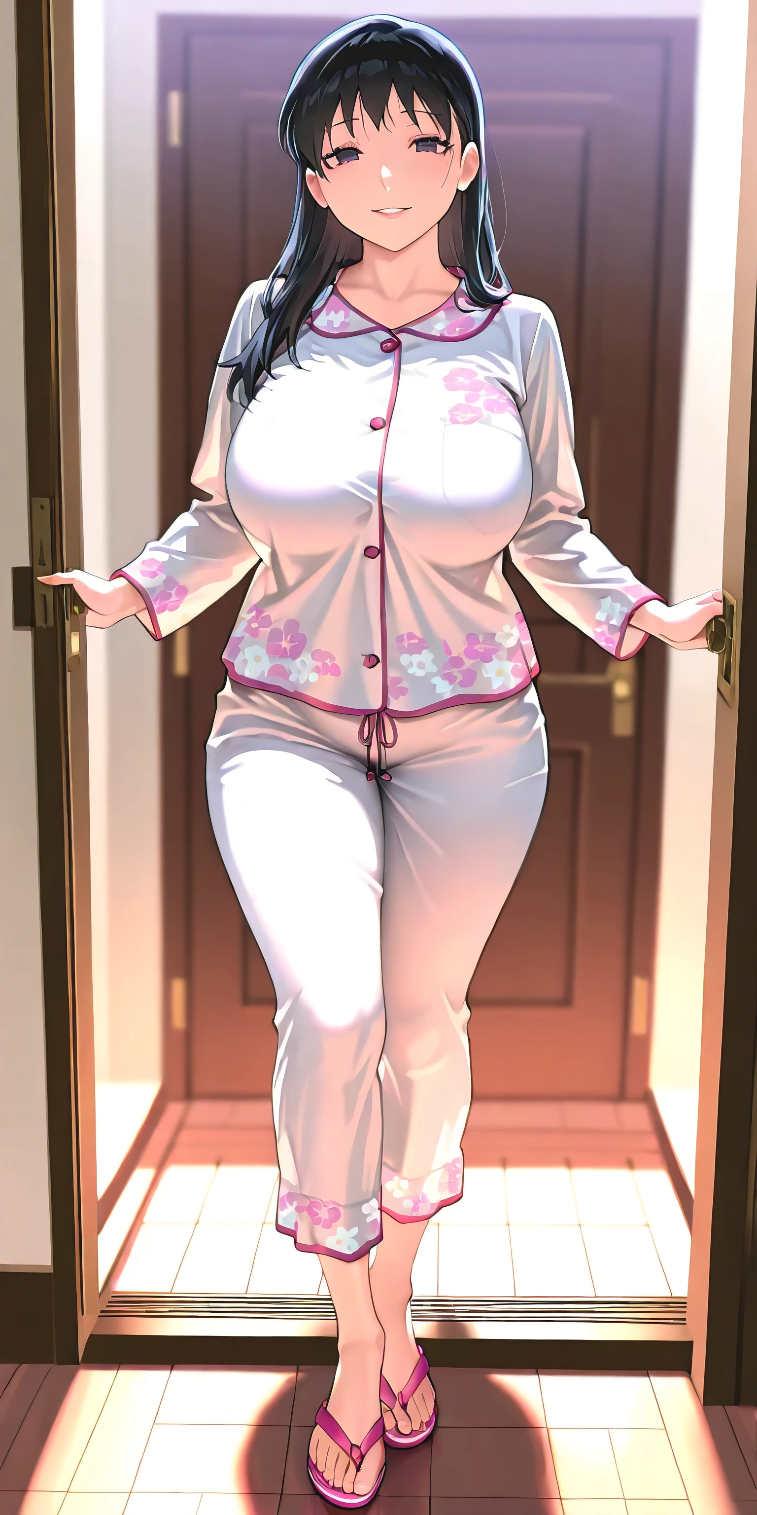 Masterpiece, newest, vibrant, very aesthetic, high contrast, mature woman, shizuka minamoto\(doraemon\), tall, big breast, white pajamas with floral motif, pink flip flops, full body, parted lips, smile, front of the door, best quality, semrealistic, fullmetal alchemist anime style, full view, looking at viewer