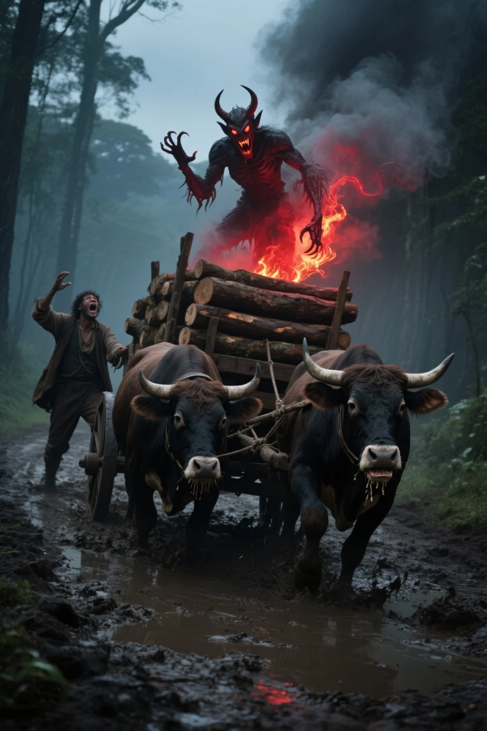 (masterpiece, best quality:1.2), demonic ritual, men cutting animal, UHD, HDR, 8k, ultra-wide angle, award winning