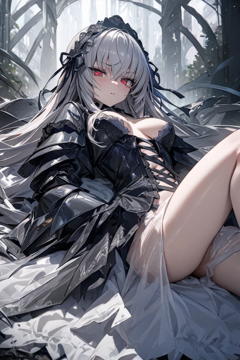 A gorgeous girl, wolf ears, wearing a damaged simple Kunoichi suit, a very ripped damaged Kunoichi suit, missing parts of the suit, very ripped clothes, she's sad, tears, heartbroken, hurt, blood, dark garden, white roses, ultra detailed face, long eyelashes, sharp eyes, perfect make up, white ultra long hair, fullbody shot, garden, night, rain,