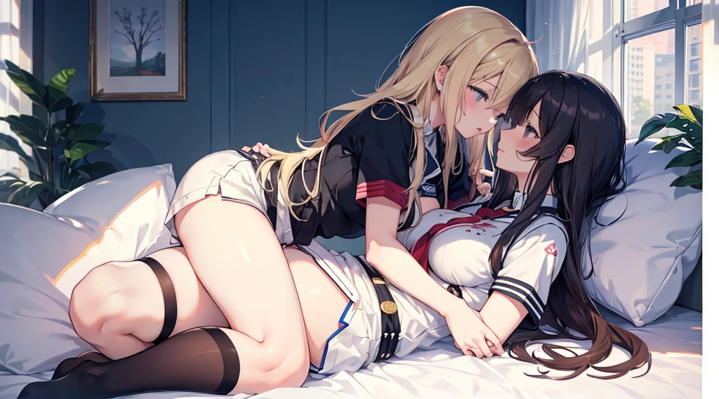 (((Browsing Caution)))、highest quality、masterpiece Lesbian joy beautiful girl black hair and blonde ponytail On the bed. 、Small breasts、2 girls,massage the breasts,Rubbing breasts from behind,Pulling on panties,After sex
