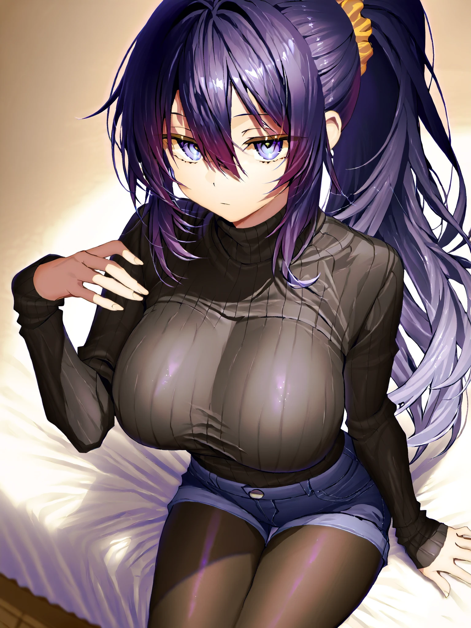(masterpiece:1.37), best quality, (extremely detailed:1.37), woman, (adult:1.5), (very long hair:1.5), dark purple hair, purple eyes, (extremely detailed eyes:1.37), large breasts, crop top, cleavage, navel, (tight jeans:1.5), (wetting:2.0), bed, her hands are tied to the headboard, (on back:1.5)