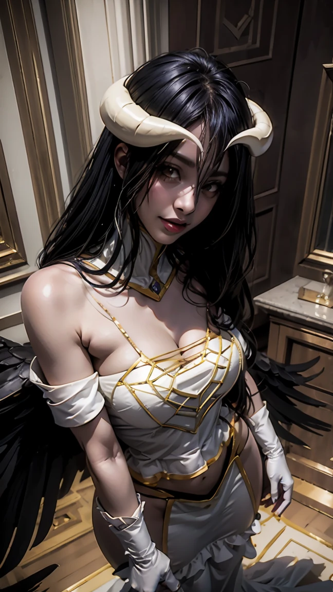 Masterpiece, Best quality, high resolucion, AL1, demon horns, pupilles fendues, Gants blancs, Regarder le spectateur, Robe blanche, bare shoulders, Detached collar, clivage, Ailes noires, feathered wings, ailes basses, Tir de cowboy, agenouillement, sourire, cachot, sourire diabolique, Tenue de femme de chambre, breasts exposed, visible