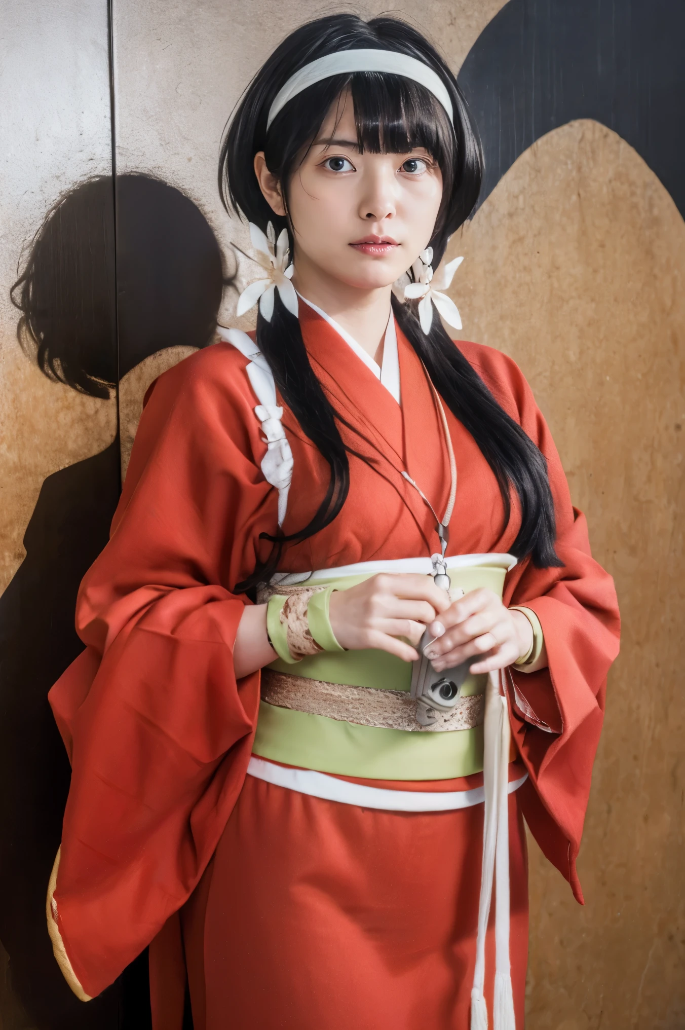 (masterpiece), best quality, expressive eyes, perfect face, photorealistic, high resolution, 1women, mature female, solo, hips up, emma \(sekiro\), japanese clothes, kimono, single hair ponytail, haori, mature female, kunoichi, fishnets, sandals, holsters, yamato Nadeshiko, edo background, short hair, 1girl, hair ornament, hair flower, low twintails, long hair, izumi kyouka, hairband, holding ocha, full body