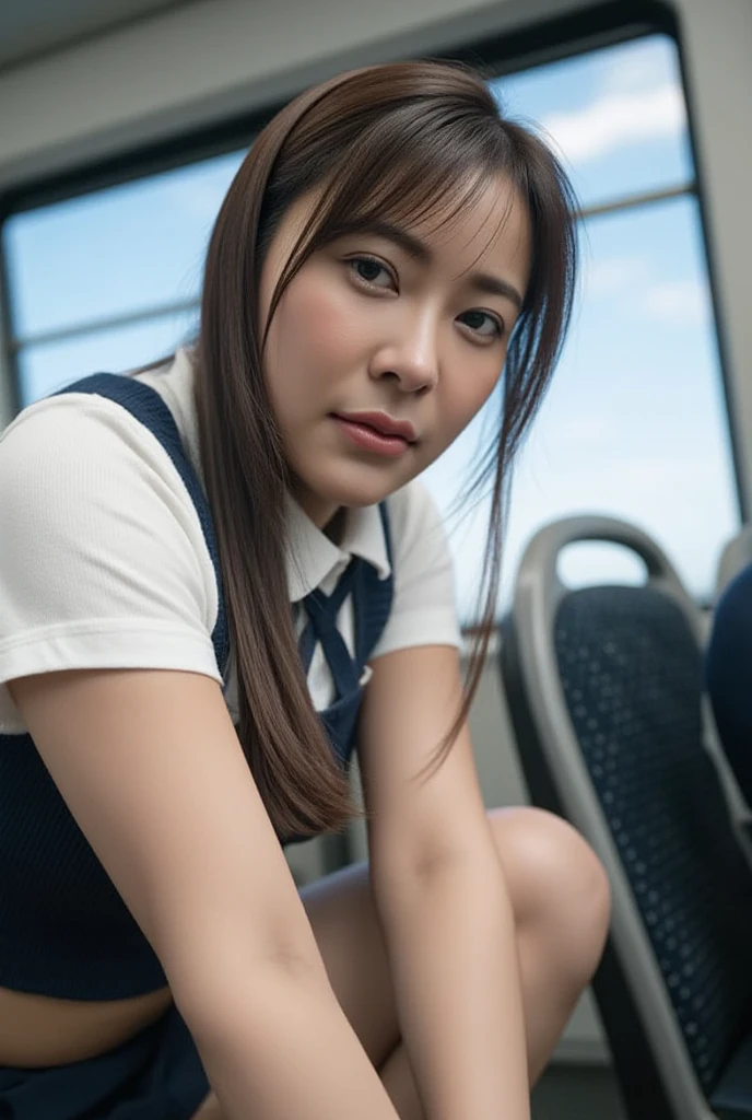 "(masterpiece, High resolution, Ultra High resolution, 4K) Black Hair, 14 year old Japanese girl, Uniform skirt, Accentuate your thighs, White thighs, Soft thighs, Glossy thighs, (Ultra-realistic pantyhose), Sitting on a train, Facing angle, (Angle from below),sitting in a train seat,Sit in front,Zoom camera on crotch,Put your feet on the train floor,whole body,Looking down and sleepy,Watch only viewers", Highest quality, 超High resolution, (Realistic:1.4),, High resolution, detailed, RAW Photos, sharp, Nikon D850 film stock photo by Lee Jefferies 4 Kodak Portra 400 camera F1.6 Lenses、Rich colors、Ultra-realistic and lifelike textures、Dramatic lighting、Unreal Engine、Art Station Trends、Cinestar 800,