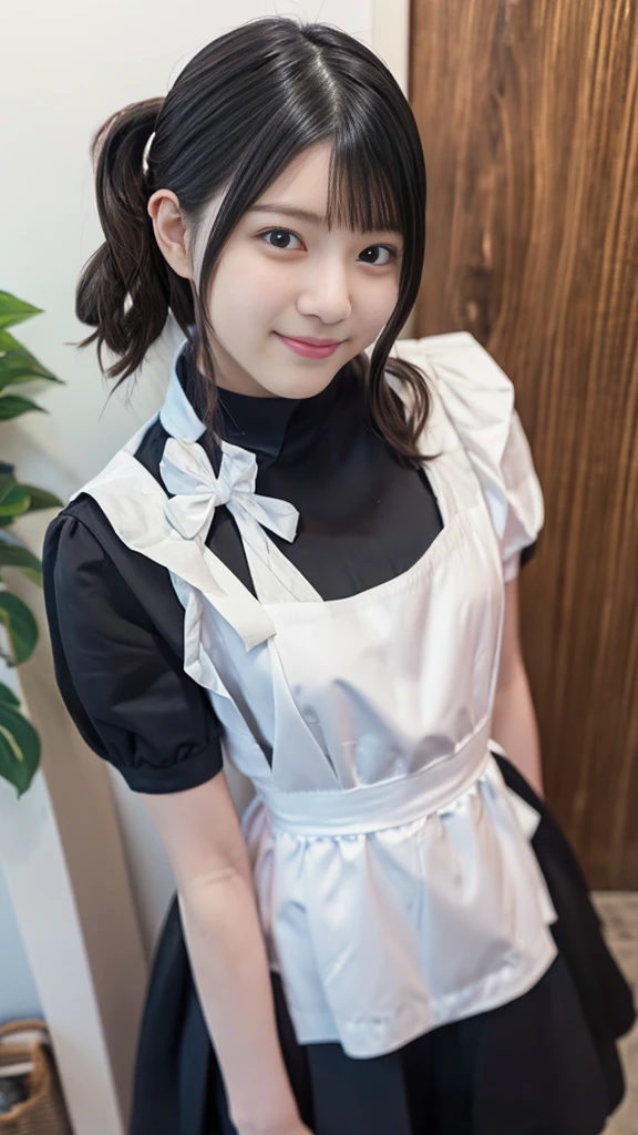 (masterpiece, best quality, perfect hands, perfect fingers, parfect face, high resolution, ultra detail, 16k), japanese girl, (10 yo:1.4), (boyish:1.5), short hair, (clothing:1.8), maid, frill hem, white frill apron, black long skirt, cowboy shot,