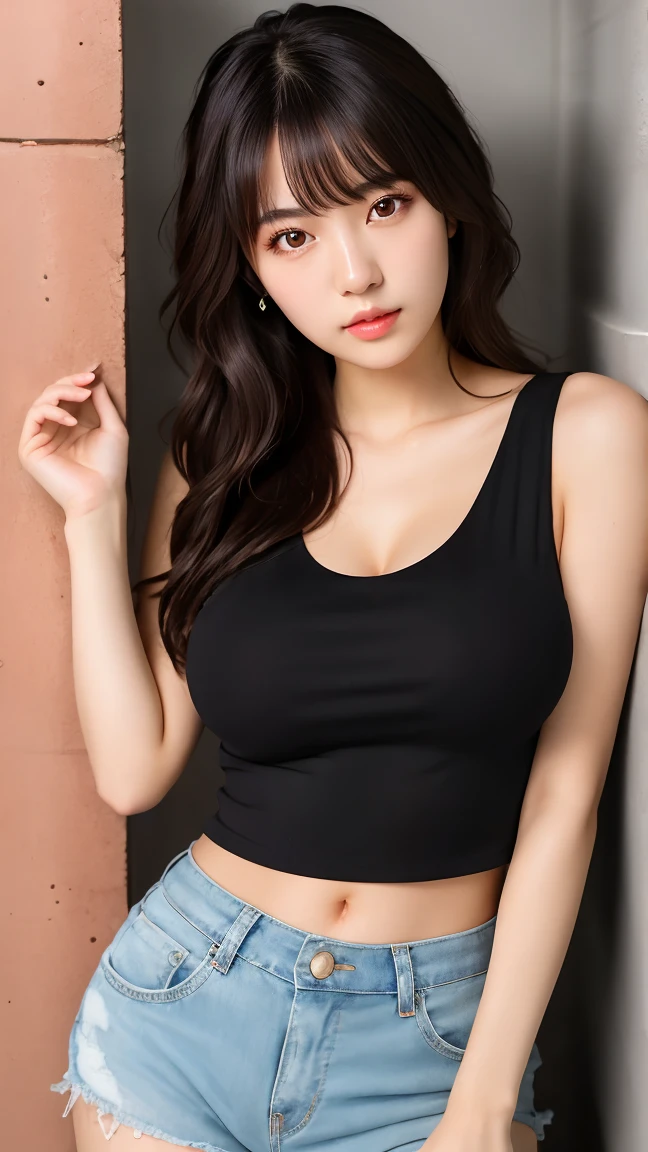 ((1girl)), woman, masterpiece, best quality, highest quality, cinematic lighting, (volumetric lighting), extremely detailed CG unity 8k wallpaper, focused, 8k wallpaper, extremely detailed, ultra realistic, photorealistic, sharp focus, absurdres, (HDR:1.2), (high contrast), photograph, detailed and intricate, instagram, portrait, highly detailed, digital painting, artstation, concept art, smooth, sharp focus, illustration, cinematic lighting, (big breast:1.3), (((skinny, slim legs))), (japanese idol posture), (knit strap tanktop, short pants, cleavage), looking at the viewer, (I don't see arms)), ((Standing)), ((Medium body shot, hip level shot)), long hair