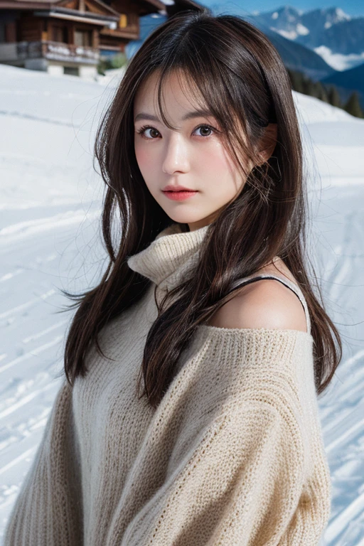 (best quality, masterpiece:1.4), (photorealistic:1.2), ultra high res, 8k, hdr, ambient lighting, sidelighting, cinematic lighting, intricate detail, Exquisite details and textures, 1girl, (young), upper body, detailed face, ponytail, braid hair, pale skin, big eyes, embarrassed face, looking at viewer, skintight sweater, (high neck, light color), small breasts, earrings, slim body, thin, tear mole, professional lighting, photon mapping, radiosity, physically-based rendering, depth of field, sky, cloud, direct sunlight, snow mountain, valley, grassland, river, countryside, <lora:vivian:0.6>, <lora:fashionGirl_v36Fix:0.4>,
