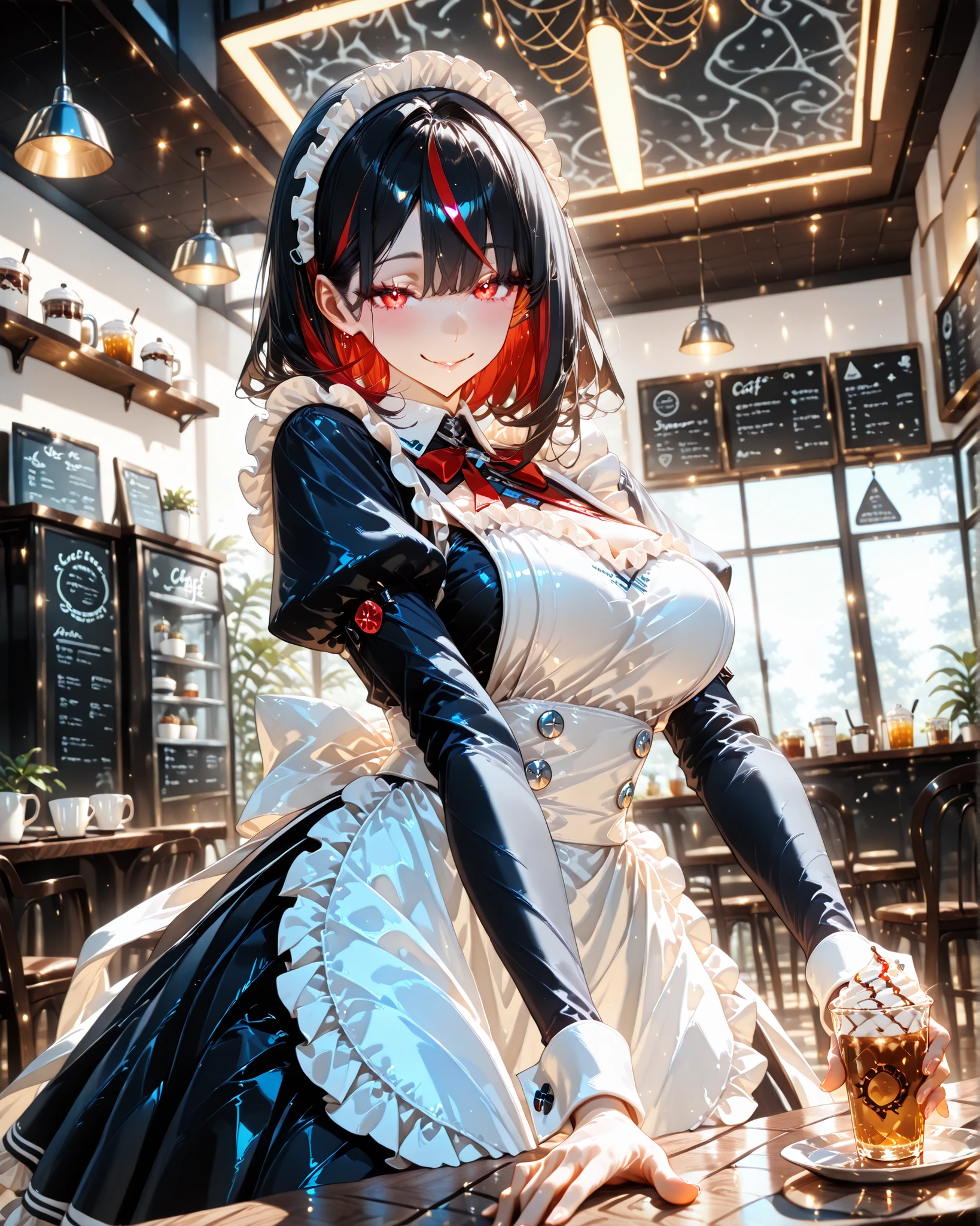 (SuperQuality:1.0) ~ (SuperQuality:1.2), detailxl, 1girl, High Resolution, Best Quality, High Details, Super Detailed, detailed background, cafe, black hair, ahort hair, red streaked hair, red eyes, maid outfit, serving drinks, Seductive Smile, dutch angle, view from below, looking at viewer,