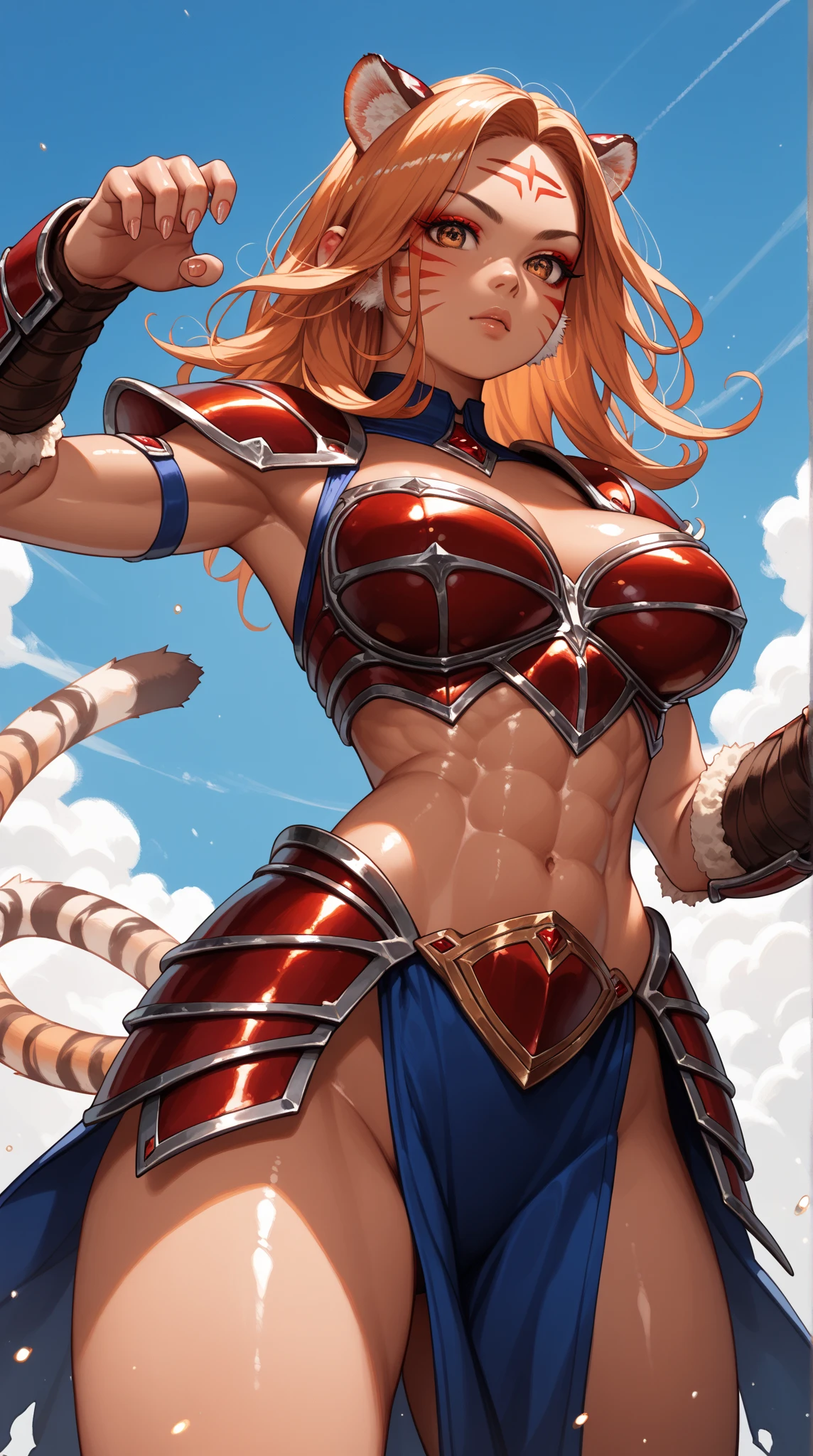 Masterpiece、8k、Hi-Res、free pose、Brown-skinned、Glossy skin texture、Ethnic women with perfect proportions、Teasing smile、Stuck waist、abdominals、middlebreast、perspiring、Look at the viewer as if turning around、Very short hair、Beautiful face drawn in every detail、Impressive lips、Light armor、gargantilha、Basket Hands、Shoulder rest、Chains at the waist、tattoo、Tiger motif、holding swords、On the battlefield she is fighting、