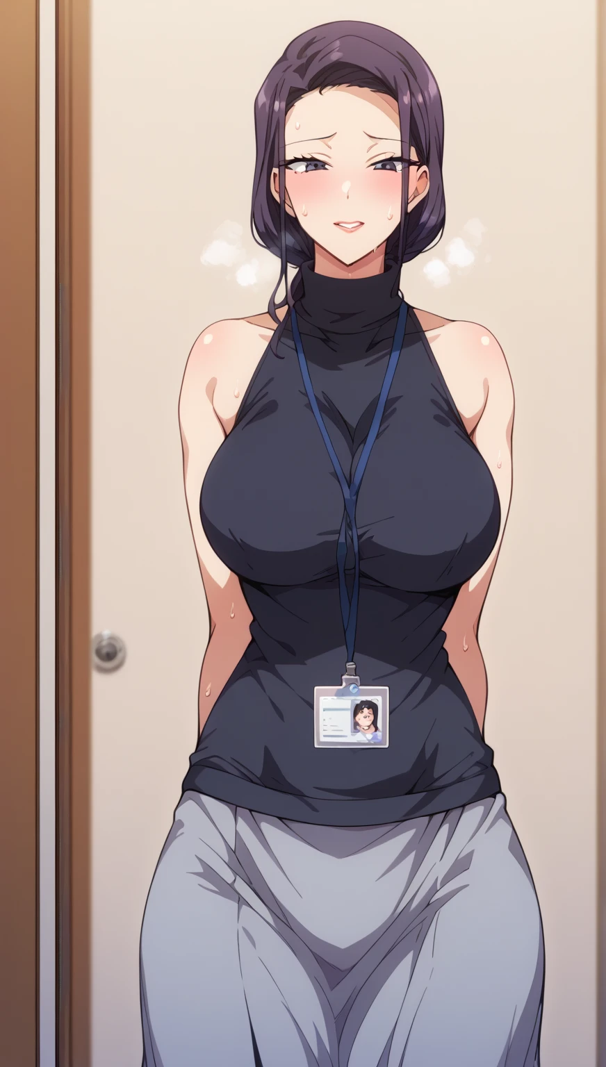 A woman with very long black hair and (very long bangs:1.5), wearing a bikini tio showing cleavage an tight jeans, standing. The artwork is inspired by manga and incorporates a doujin style. The woman appears to be (wetting herself:1.5), which causes her to feel embarrassed and humiliated, resulting in a blush on her face. In addition, there is an air of anger in her expression. The lighting in the scene is moody, with a spotlight highlighting the woman's figure. She is crossing her arms, (arms crossed:1.5), fully showcasing her heabss., large breasts, navel, midriff, groin, mound of venus, full body