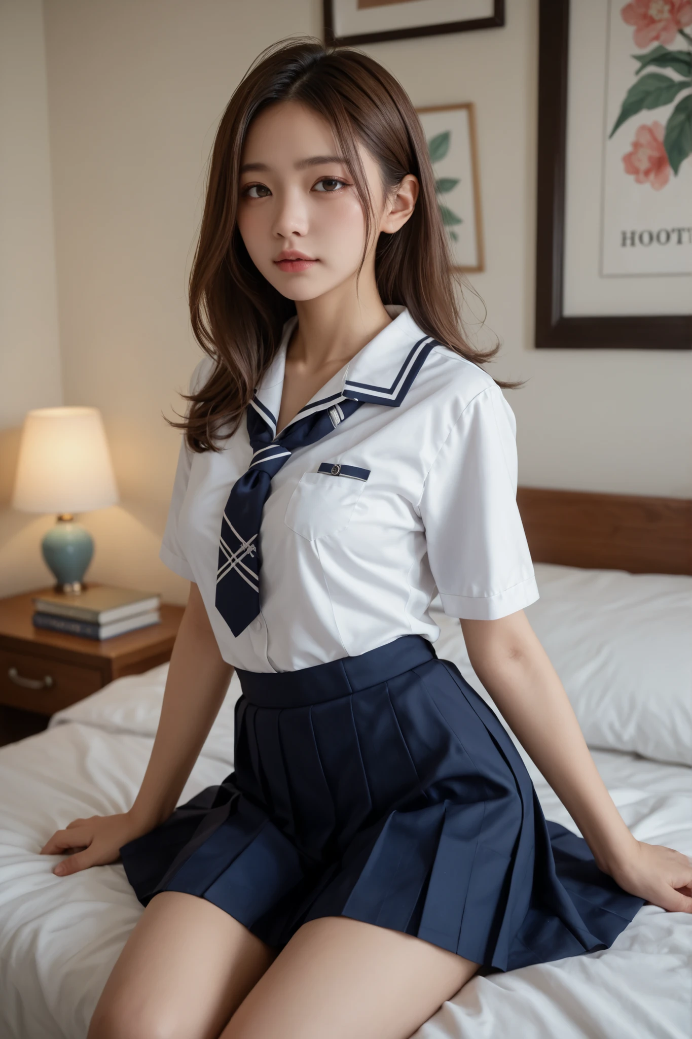 Brown-haired Japanese woman in schoolgirl uniform、Luxury Resort Hotel Rooms、Medium Breasts、sensual look、Ecstasy、Sexy Poses