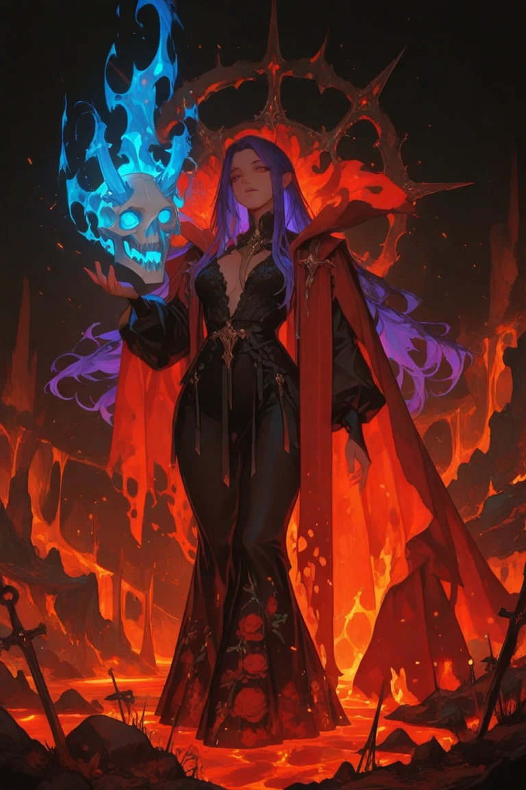 Woman body set large breasts(best quality, highres, ice skull:1.1), A girl with long billowing purple hair and a red cape, featuring a Dracula Orchid pattern. (best quality, ultra-detailed), (realistic), vibrant colors, intense lighting, lava-like texture, hauntingly beautiful composition, surreal atmosphere, contrasting dark shadows, mesmerizing glow, detailed facial features, flowing lava tendrils, fiery eyes, ethereal presence, intricate floral patterns, mysterious aura."