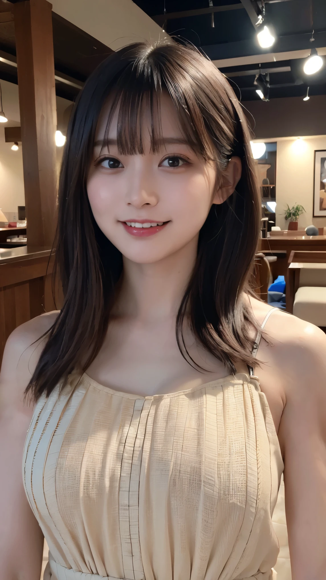 A beautiful Japanese shy girl, age 18 years old, brown hair, brown big eyes, shiny lip, shiny hair, ecstatic expression, wearing sleeveless front button solid white blouse, The background is very blurry, in front of huge window with white curtain, wearing neckless, back light shine in,