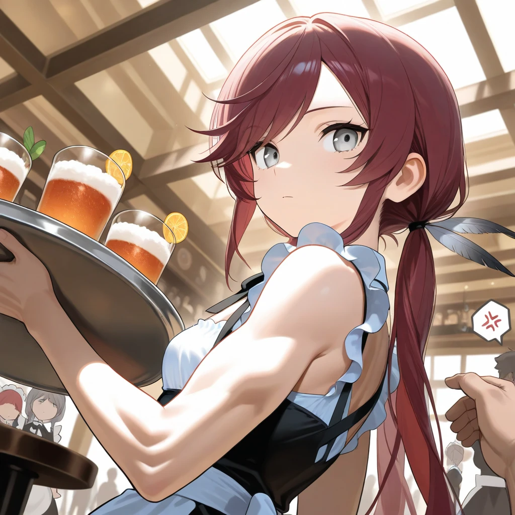 1girl, art by Eiichirio Oda, nami, in a bar, serving soft drinks, dark ambience, black catgirl dress, black leggings, cosplaying as a catgirl, tied hair, working as a waitress